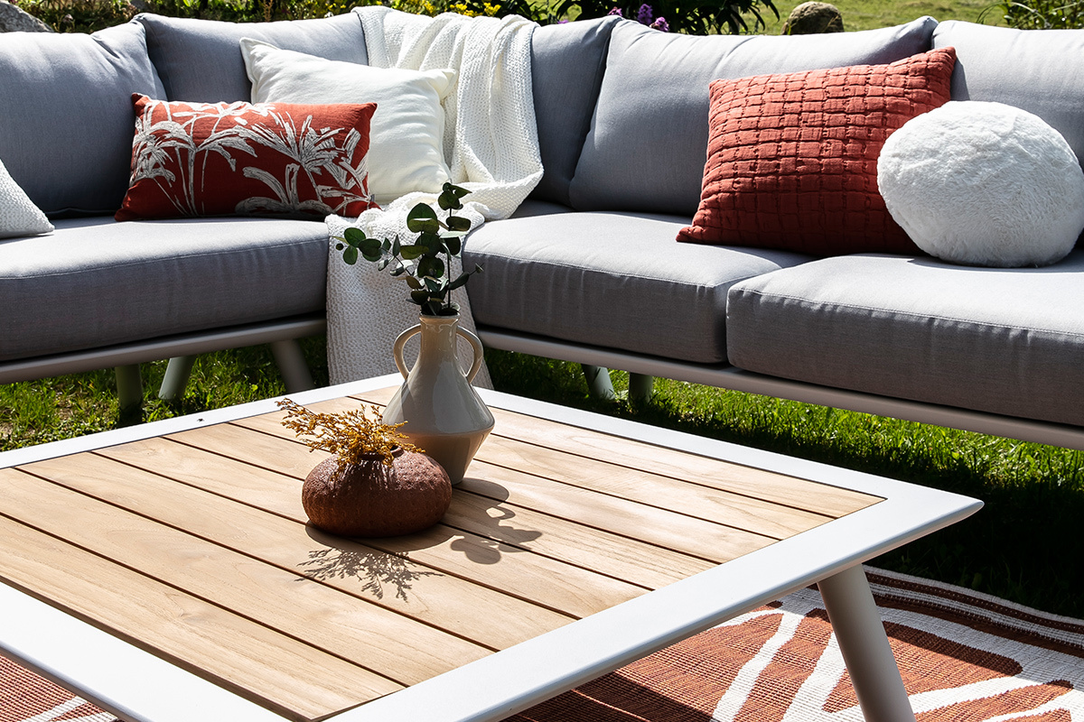 Salon de jardin d'angle en aluminium blanc, teck et tissu gris clair BELLS