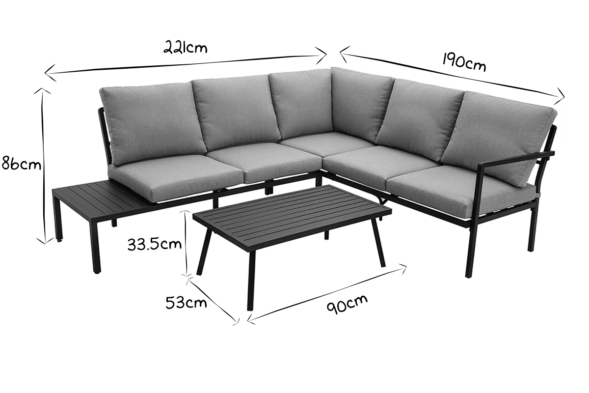 Salon de jardin d'angle en m�tal noir et tissu gris SAIGON