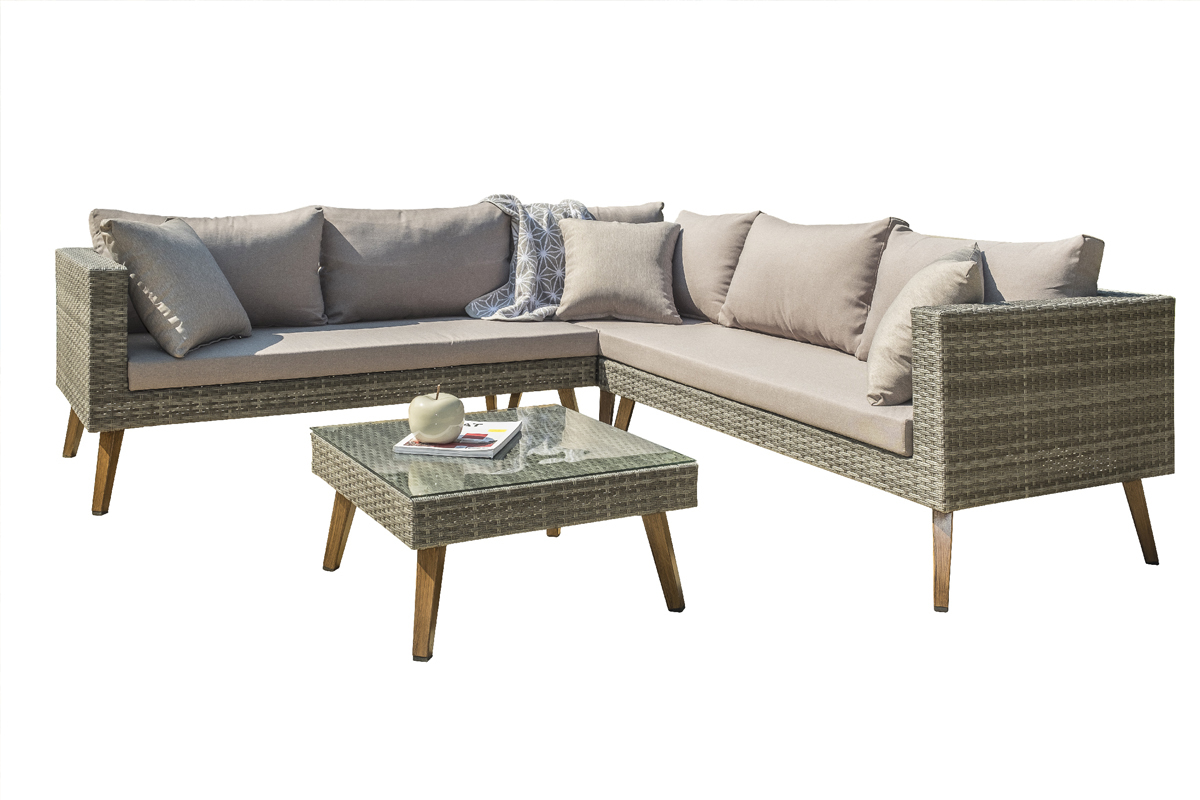 Salon de jardin d'angle en r�sine tress�e grise HOBA