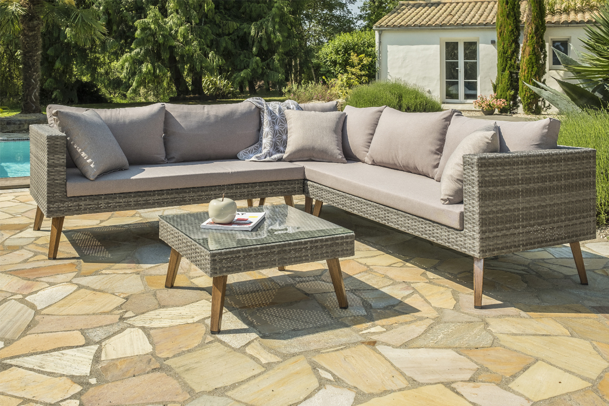 Salon de jardin d'angle en r�sine tress�e grise HOBA