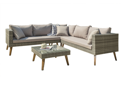 Salon de jardin d'angle en r&eacute;sine tress&eacute;e grise HOBA