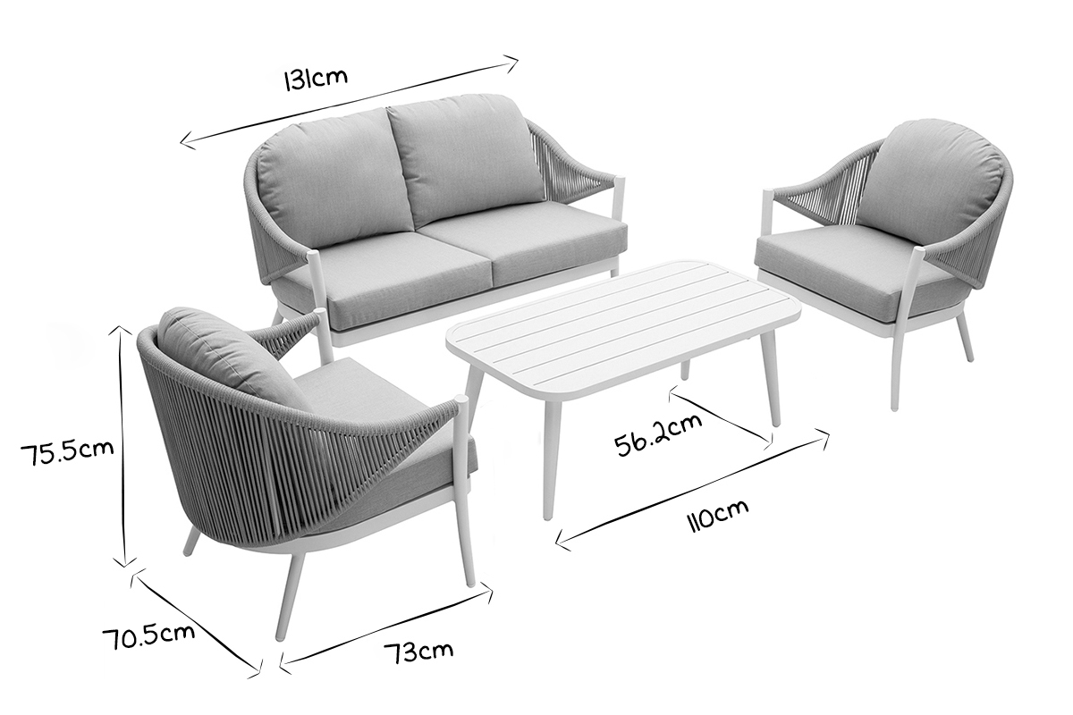 Salon de jardin en aluminium blanc et cordes et tissu gris clair LIMA