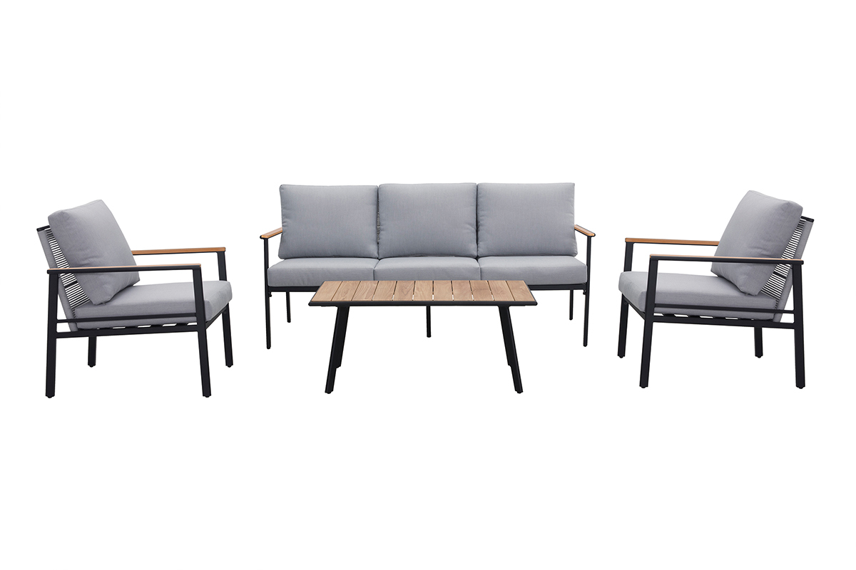 Salon de jardin en aluminium noir, cordes et tissu gris clair USHUAIA
