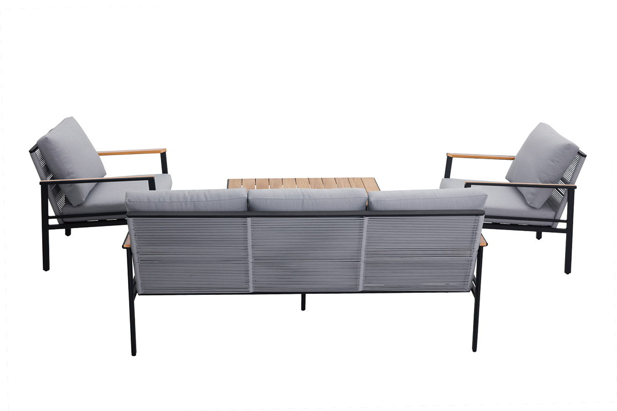 Salon de jardin en aluminium noir, cordes et tissu gris clair USHUAIA