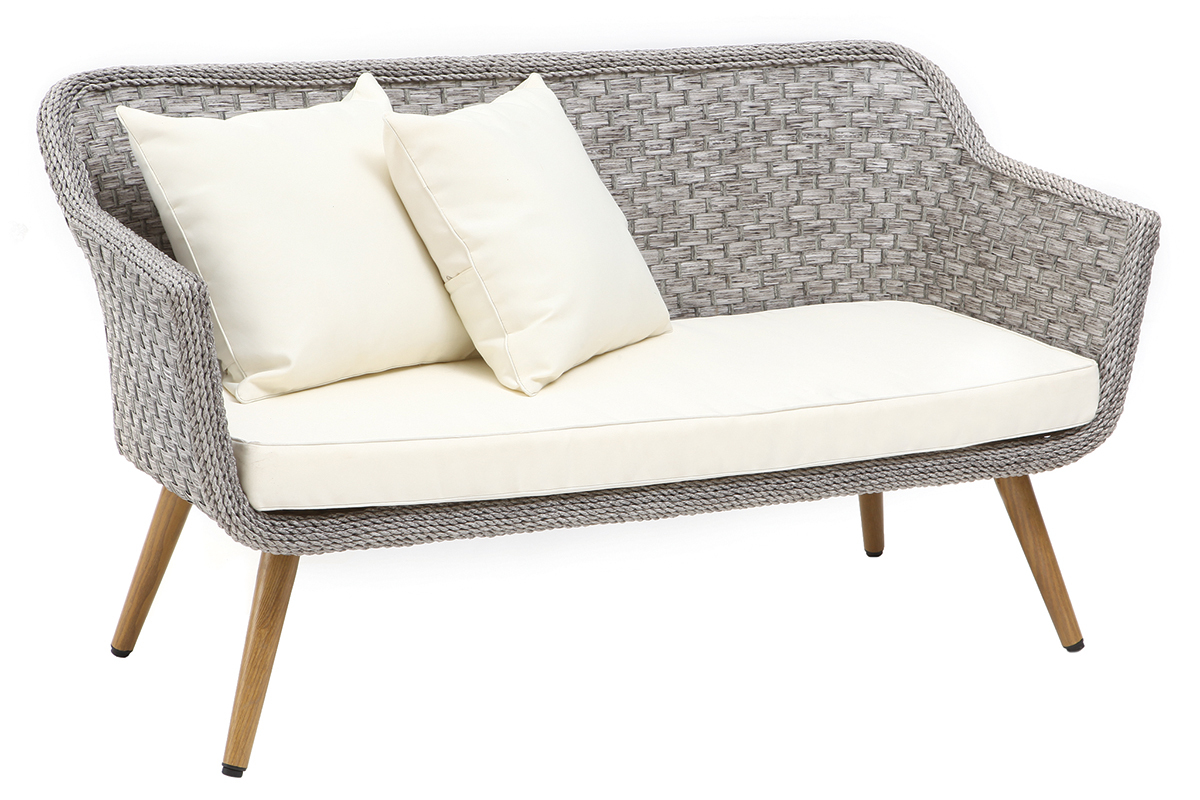 Salon de jardin en rsine tresse avec table basse gris et bois AJACCIO
