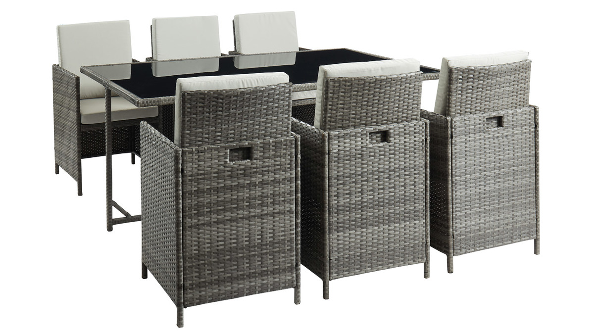 Salon de jardin en rsine tresse avec table et 6 fauteuils gris DALIAS