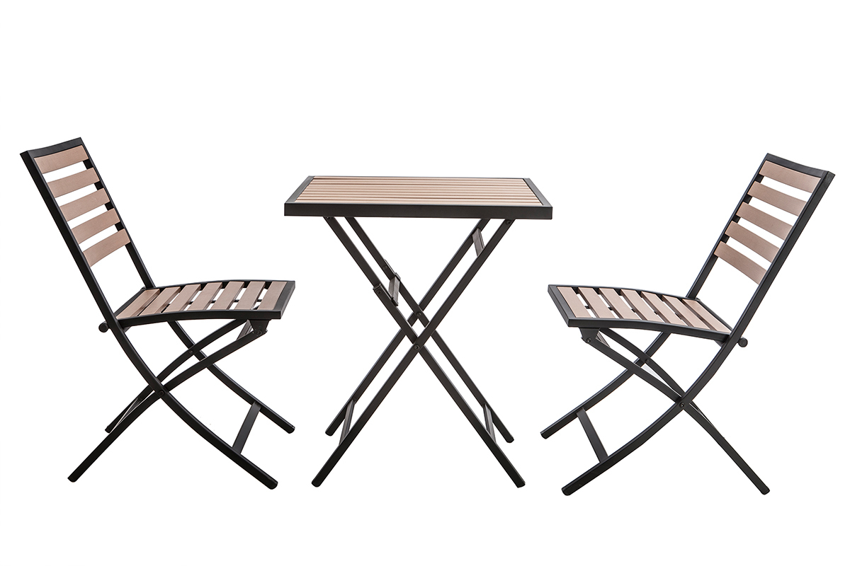 Salon de jardin pliable avec table et 2 chaises noir et bois MOJITO
