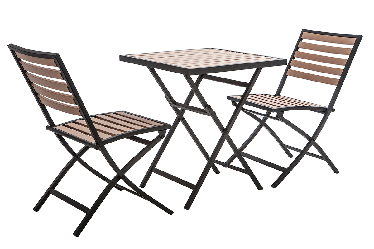 Salon de jardin pliable avec table et 2 chaises noir et bois MOJITO