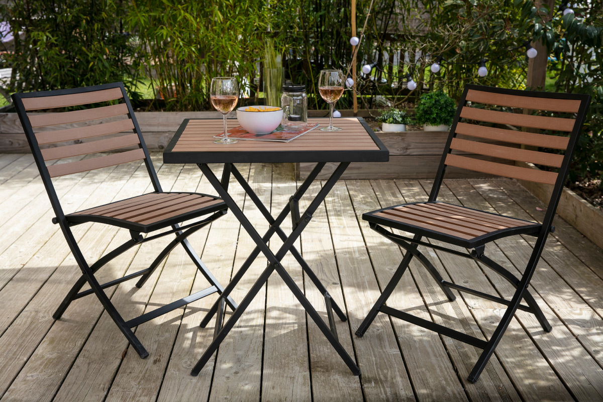 Salon de jardin pliable avec table et 2 chaises noir et bois MOJITO