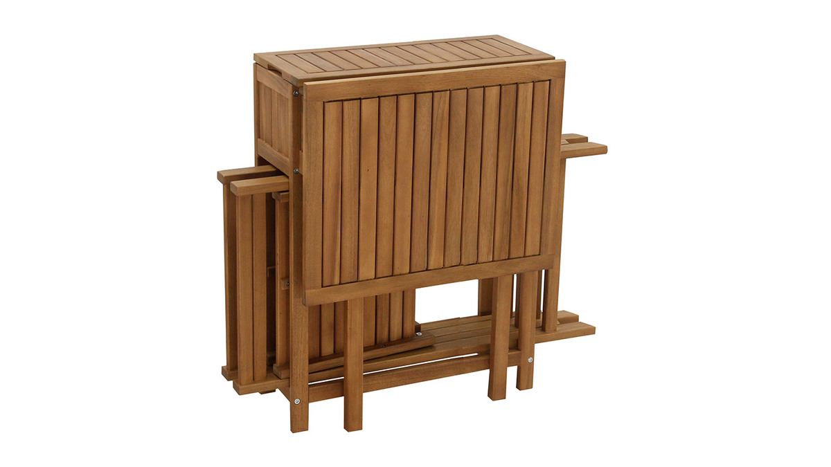 Set de 2 chaises pliantes et 1 table de balcon rabattable avec rangement en bois massif PRADO
