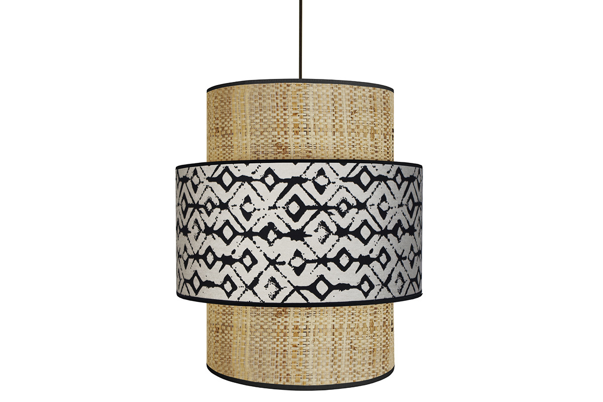Suspension bi-matire jute naturel et tissu imprim noir et beige D40 cm ZAZA