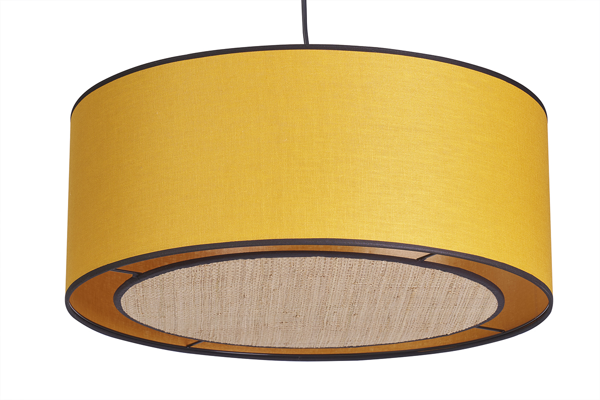 Suspension cylindrique en lin jaune moutarde et rabane naturelle D50 cm TRAVES