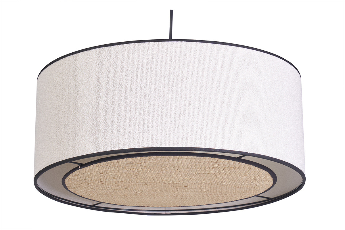 Suspension cylindrique en tissu effet laine boucle blanc et rabane naturelle D50 cm TRAVES