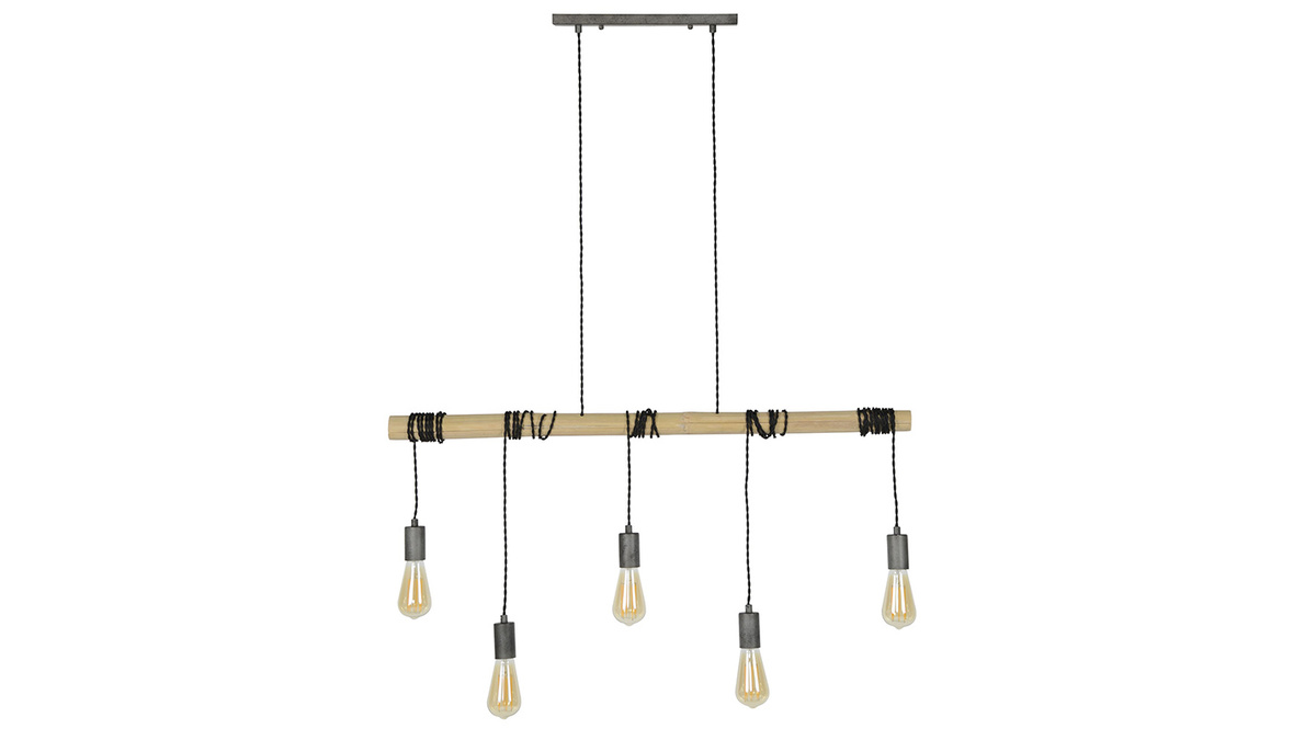 Suspension industrielle 5 ampoules sur bambou LUCE