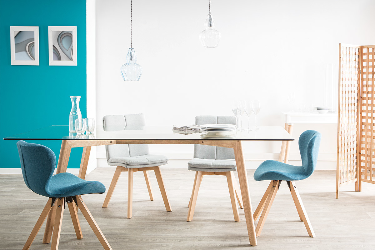 Table � manger design en verre et bois clair L200 cm DAVOS