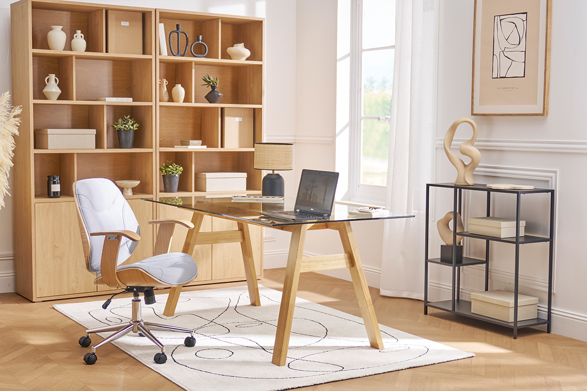 Table  manger design en verre transparent et bois clair L160 cm BACCO