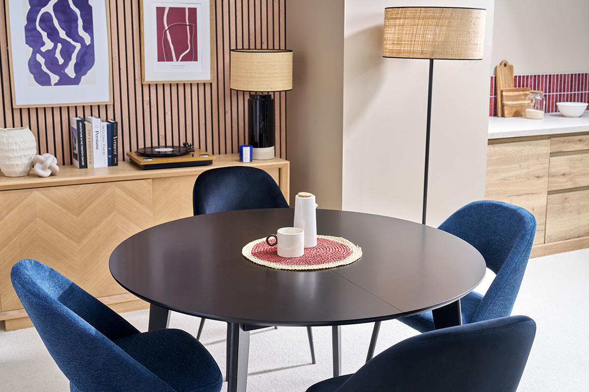 Table � manger design extensible ronde noire L120-150 cm LEENA