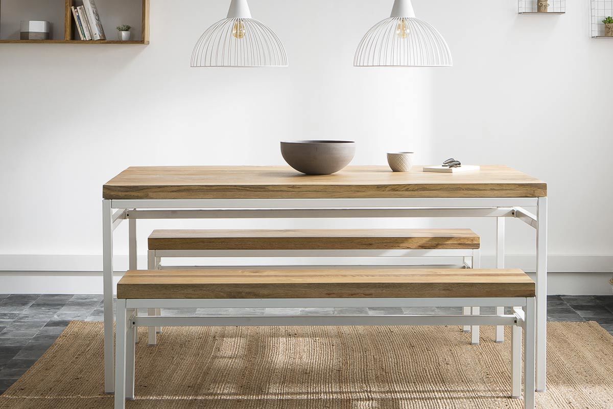 Table � manger design manguier massif et m�tal blanc L160 cm BOHO