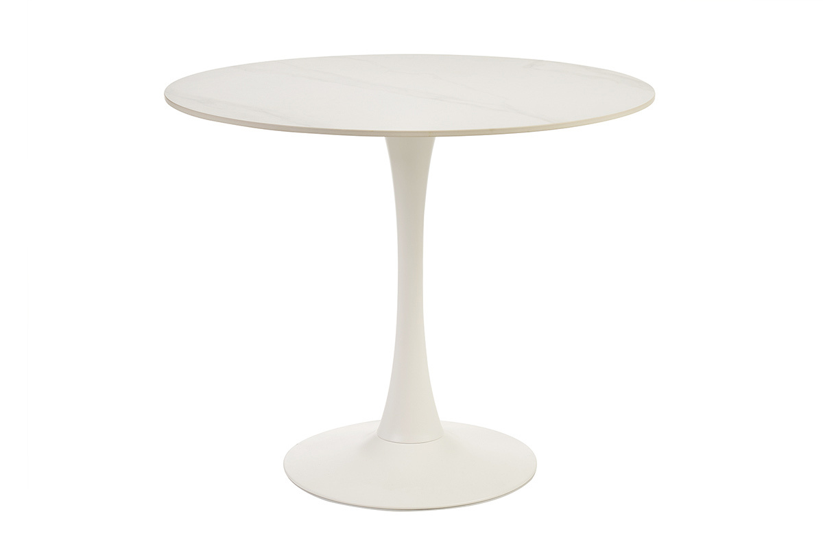 Table  manger design ronde en cramique blanche et mtal D90 cm MALOU