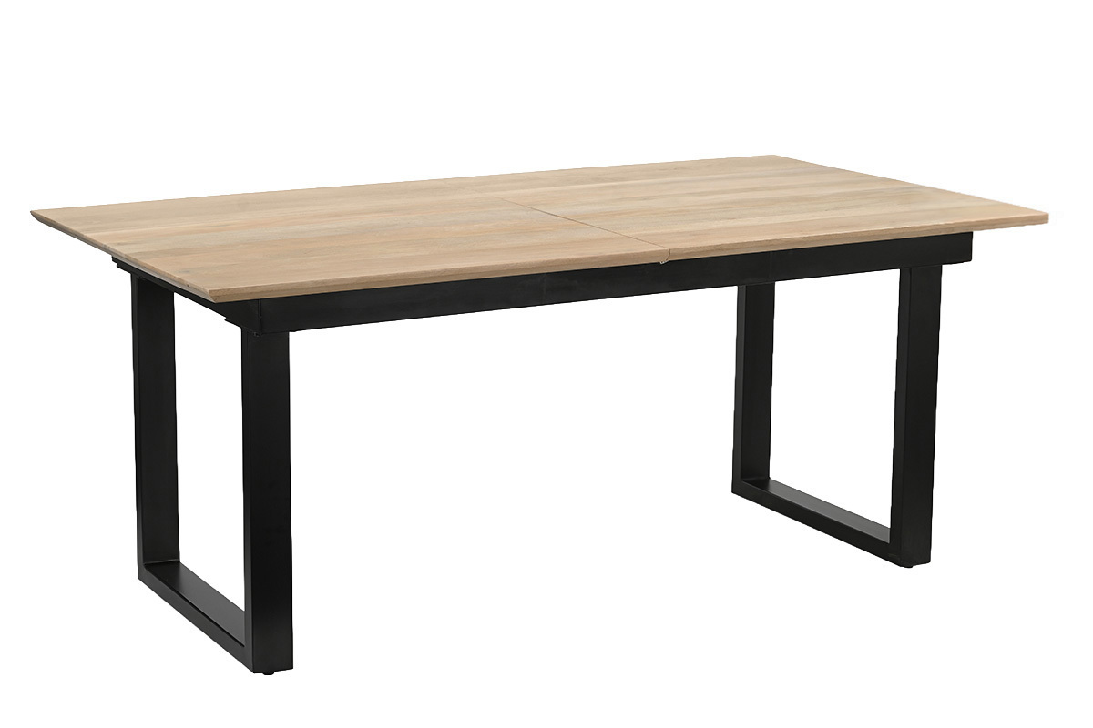 Table � manger extensible en bois clair manguier massif et m�tal noir L180-220 cm BRAVA