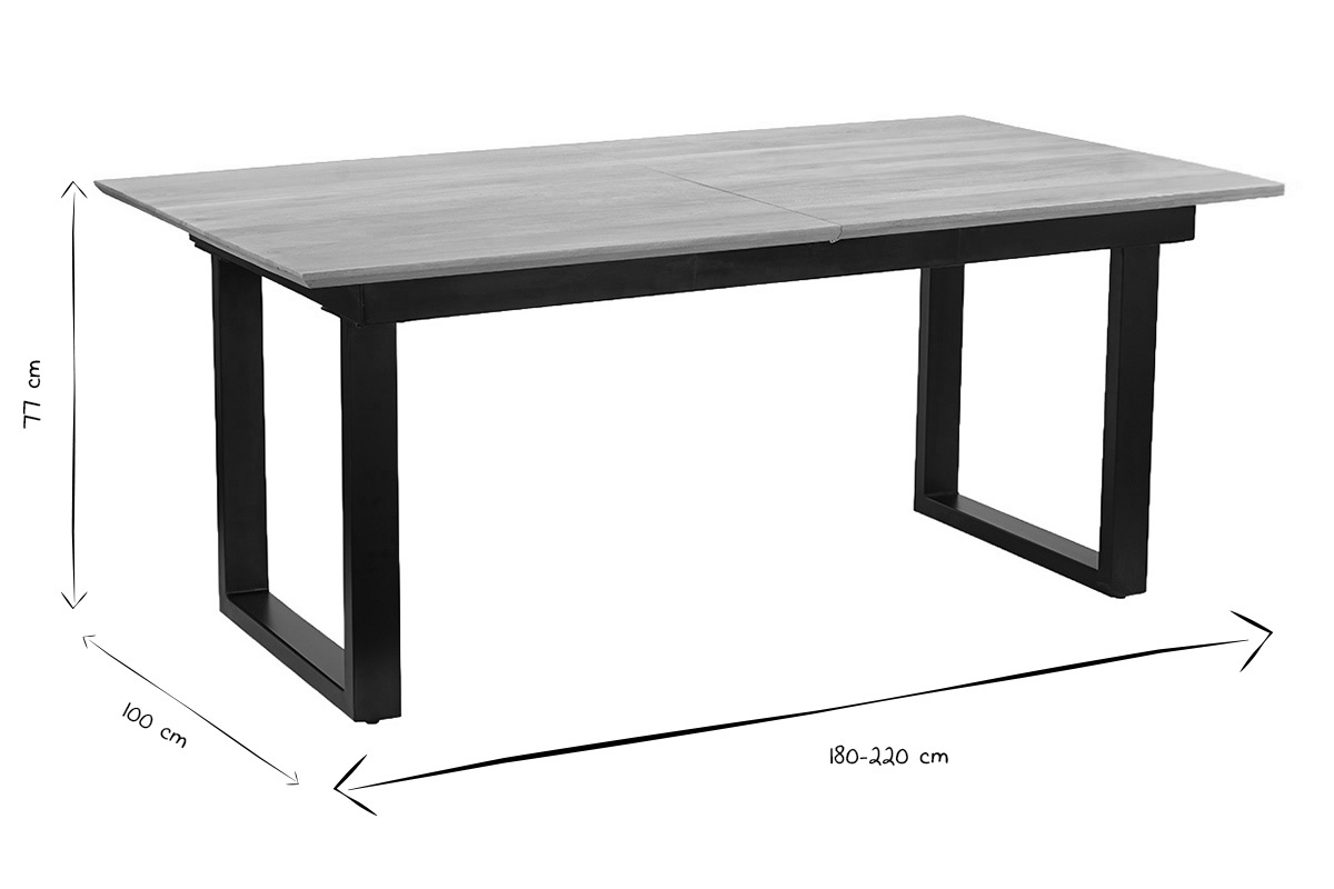 Table � manger extensible en bois clair manguier massif et m�tal noir L180-220 cm BRAVA