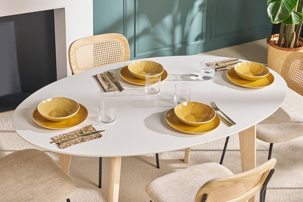 Table  manger extensible ovale blanche et bois clair L150-200 cm LEENA