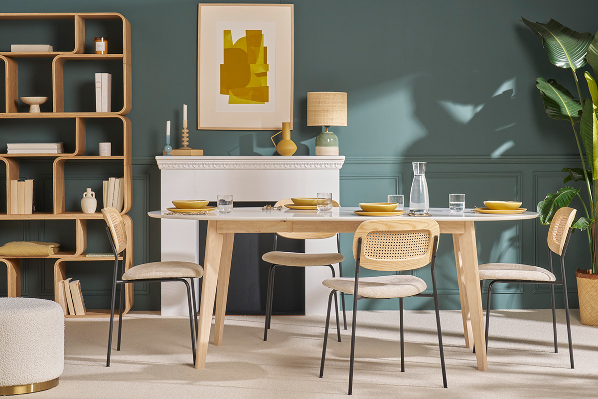 Table  manger extensible ovale blanche et bois clair L150-200 cm LEENA