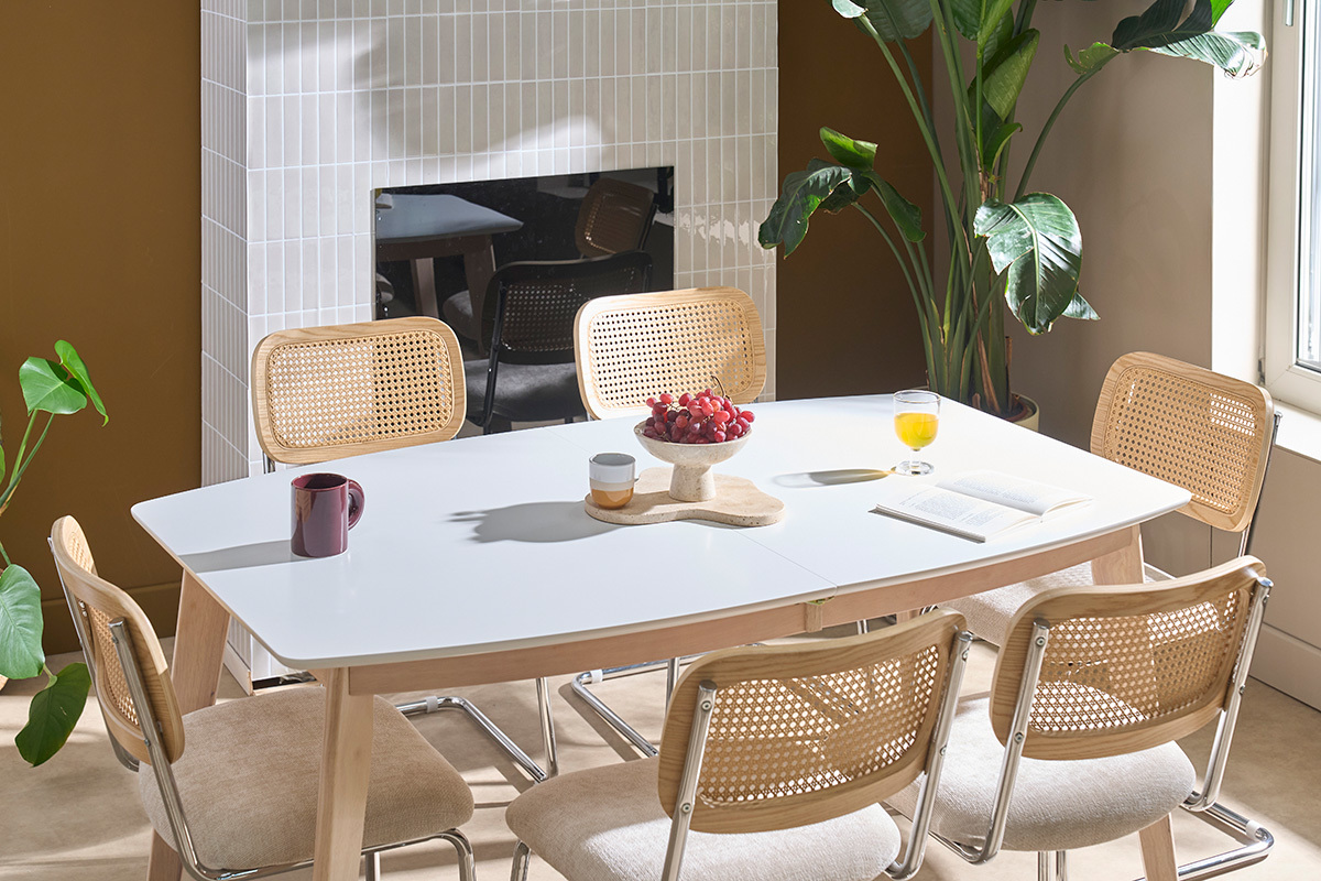 Table � manger extensible scandinave blanc et bois clair L150-200 cm LEENA