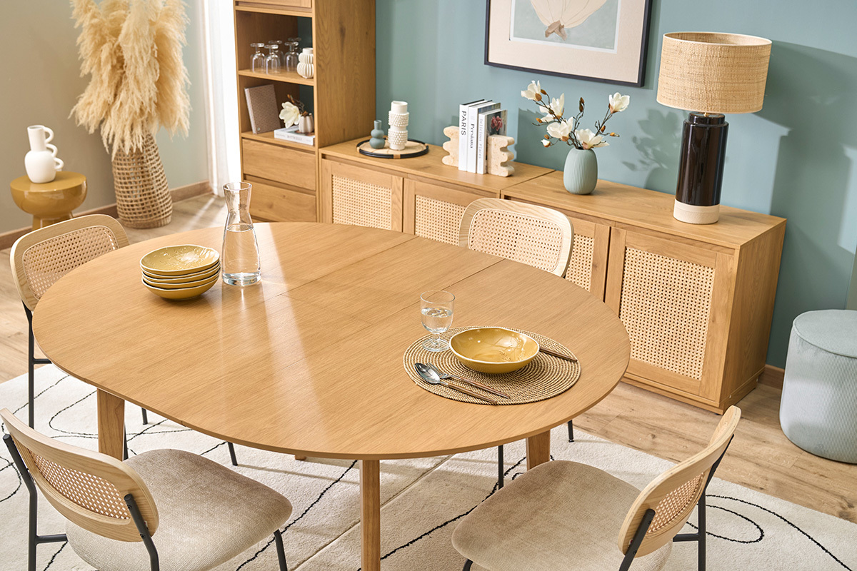 Table � manger ronde extensible en bois clair ch�ne L120-150 cm ANSEL
