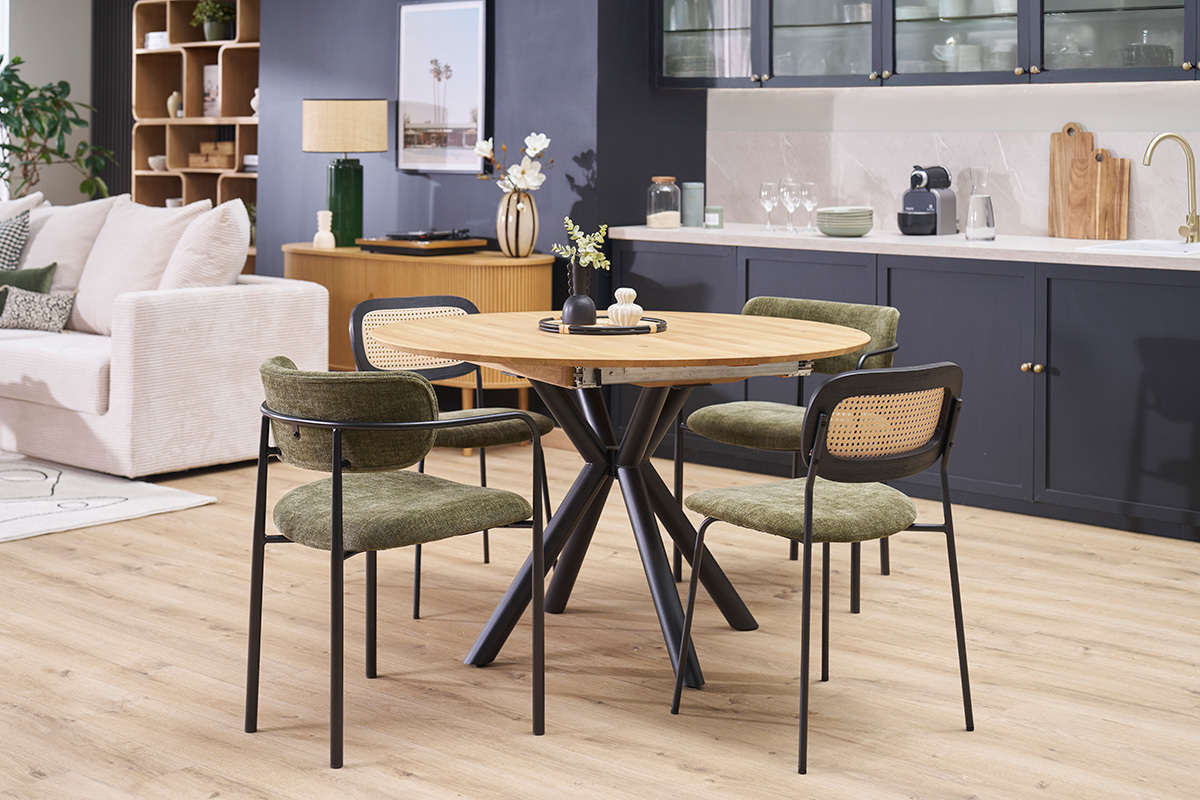 Table � manger ronde extensible en bois clair ch�ne massif et m�tal L120-170 cm OLGA