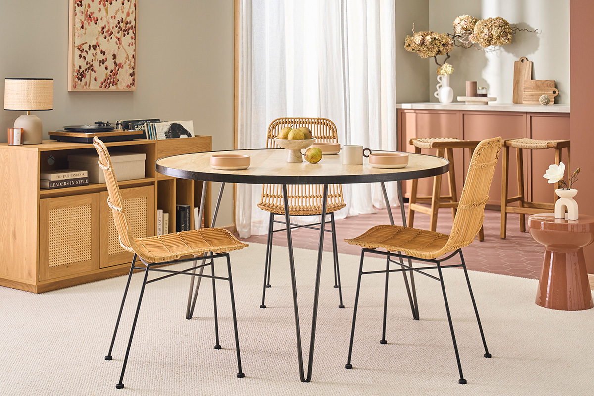 Table � manger ronde industrielle bois manguier massif et m�tal D125 cm ATELIER