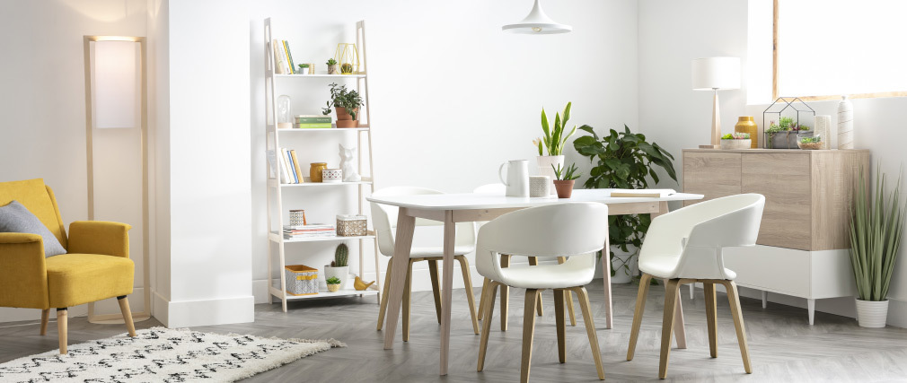 Table à manger scandinave blanc et bois clair rectangulaire L150 cm LEENA