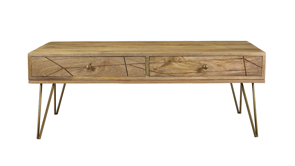 Table basse 2 tiroirs grave bois clair manguier massif et mtal dor L120 cm LINIUM
