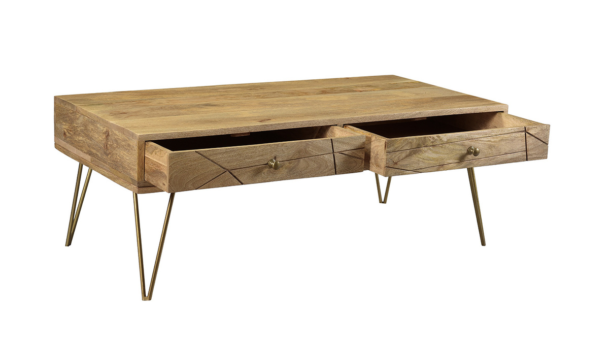 Table basse 2 tiroirs grave bois clair manguier massif et mtal dor L120 cm LINIUM