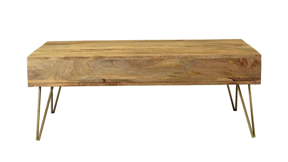 Table basse 2 tiroirs gravée bois clair manguier massif et métal doré L120 cm LINIUM