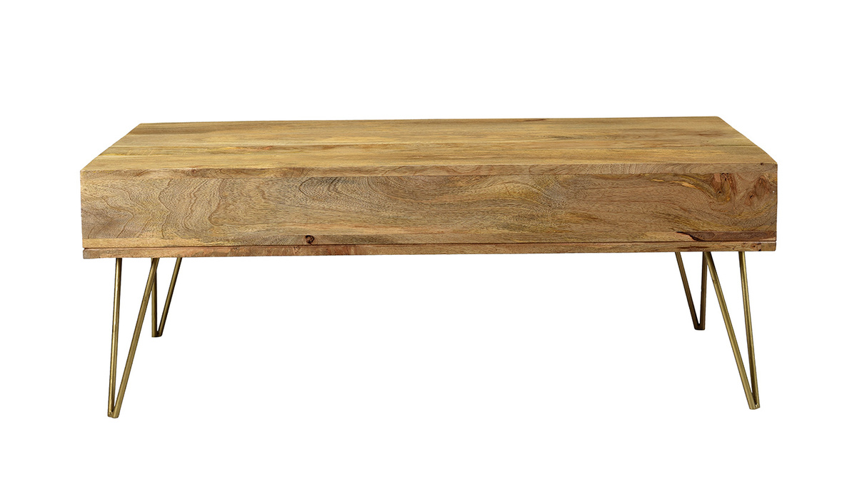Table basse 2 tiroirs grave bois clair manguier massif et mtal dor L120 cm LINIUM