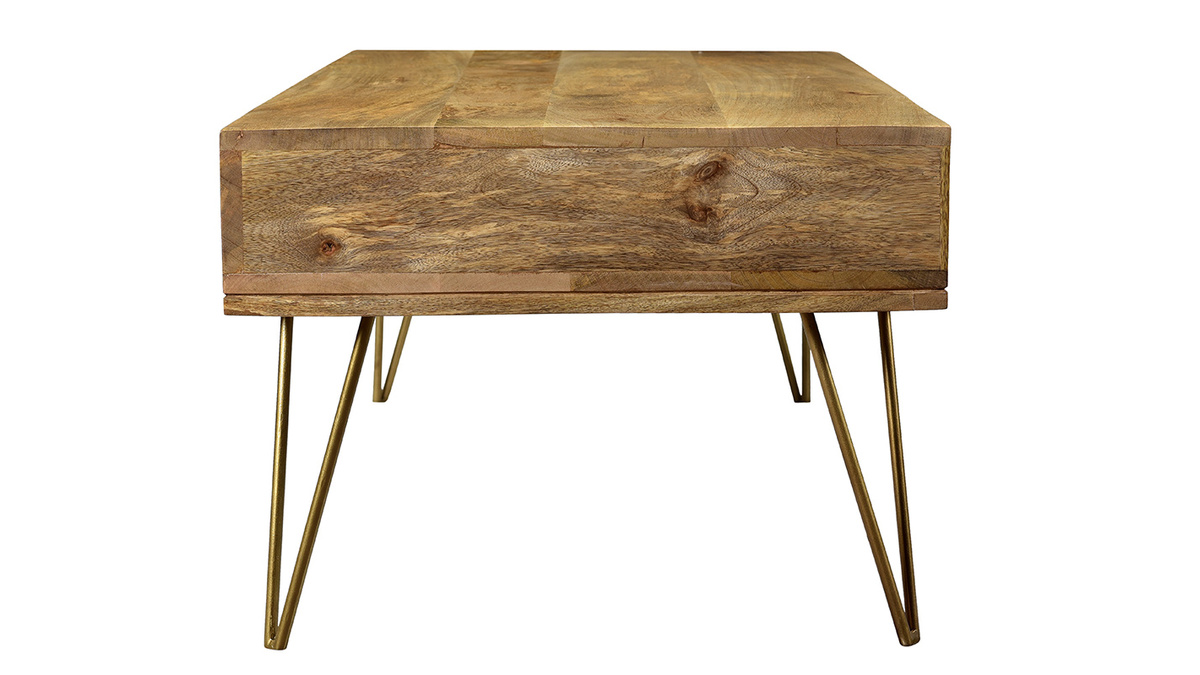 Table basse 2 tiroirs grave bois clair manguier massif et mtal dor L120 cm LINIUM