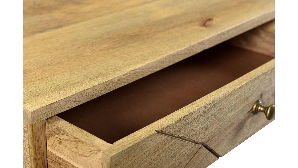 Table basse 2 tiroirs grave bois clair manguier massif et mtal dor L120 cm LINIUM