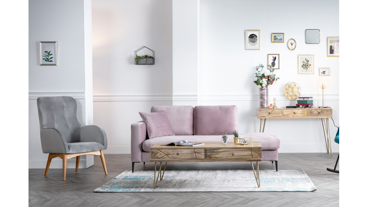 Table basse 2 tiroirs grave bois clair manguier massif et mtal dor L120 cm LINIUM