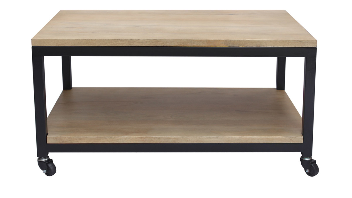 Table basse  roulettes industrielle bois clair manguier massif et mtal noir L90 cm FACTORY