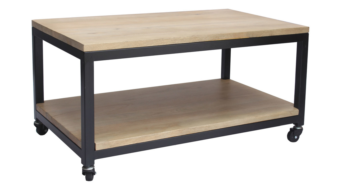 Table basse  roulettes industrielle bois clair manguier massif et mtal noir L90 cm FACTORY