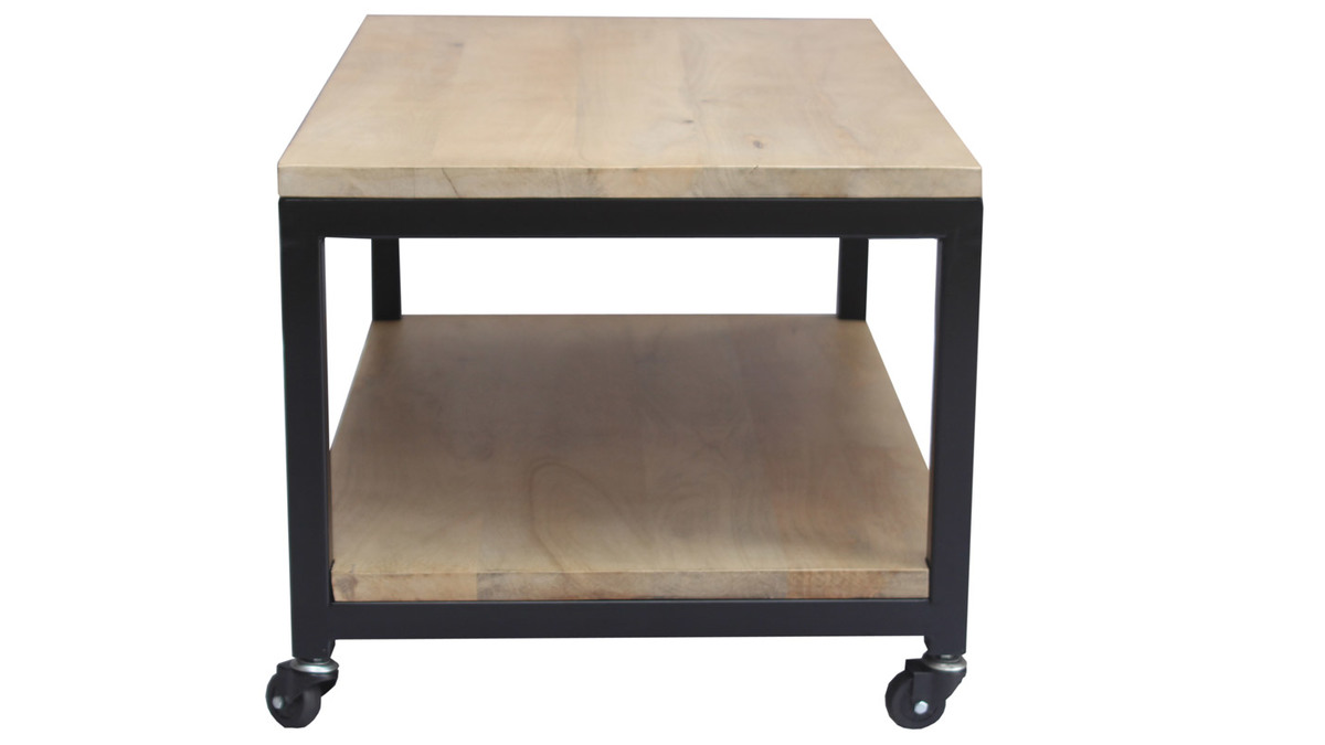 Table basse  roulettes industrielle bois clair manguier massif et mtal noir L90 cm FACTORY