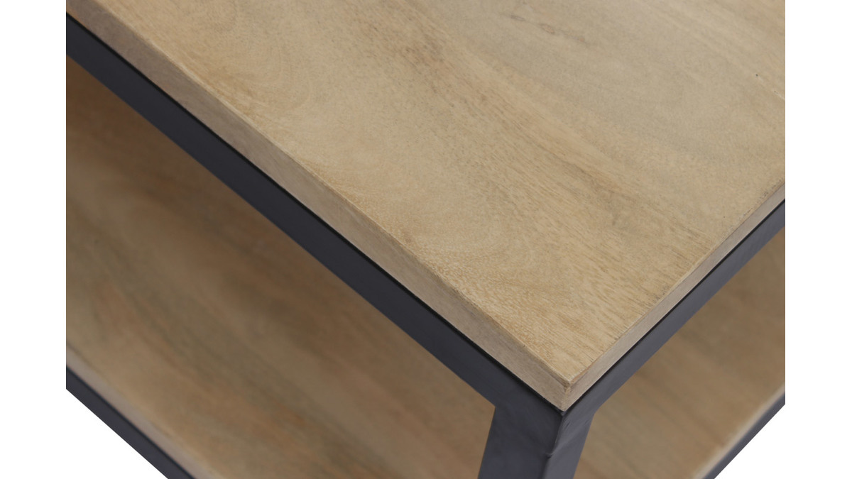 Table basse  roulettes industrielle bois clair manguier massif et mtal noir L90 cm FACTORY