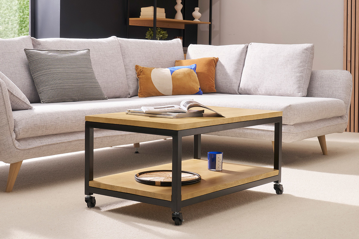 Table basse  roulettes industrielle bois manguier massif et mtal noir L90 cm FACTORY