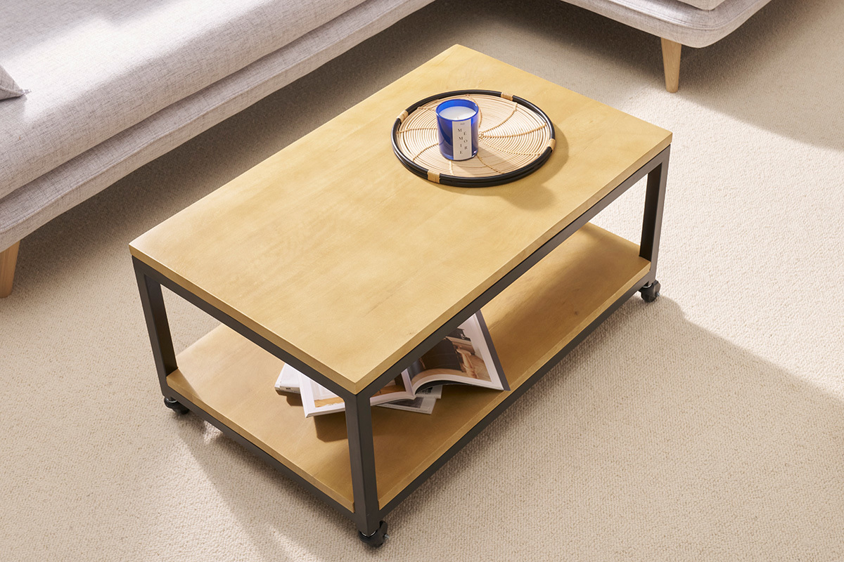 Table basse  roulettes industrielle bois manguier massif et mtal noir L90 cm FACTORY