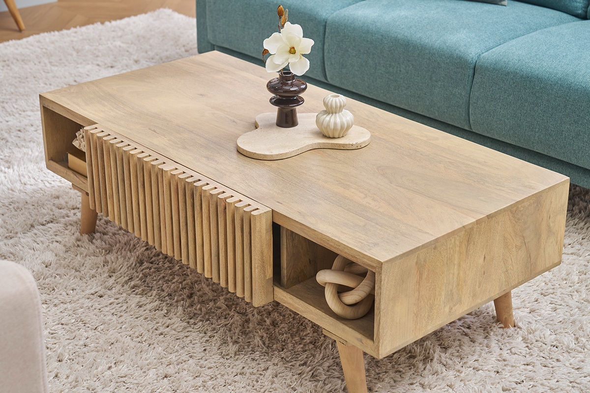 Table basse avec portes coulissantes bois manguier massif ALBA