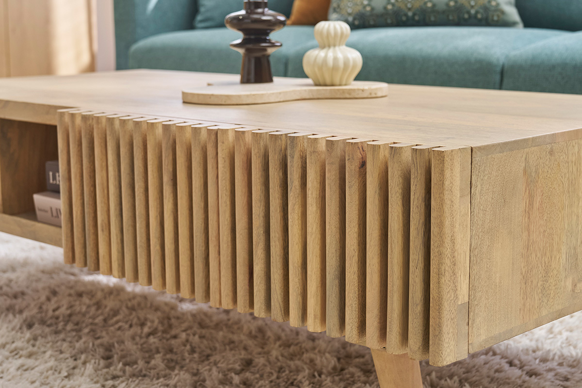 Table basse avec portes coulissantes bois manguier massif ALBA