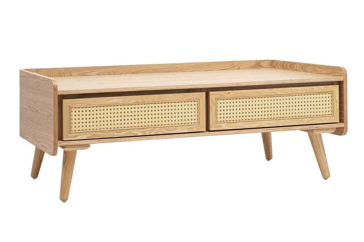 Table basse avec rangements en bois clair fr�ne et cannage rotin L120 cm ELSY