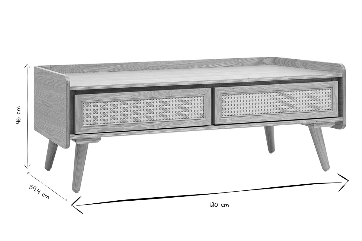 Table basse avec rangements en bois clair fr�ne et cannage rotin L120 cm ELSY