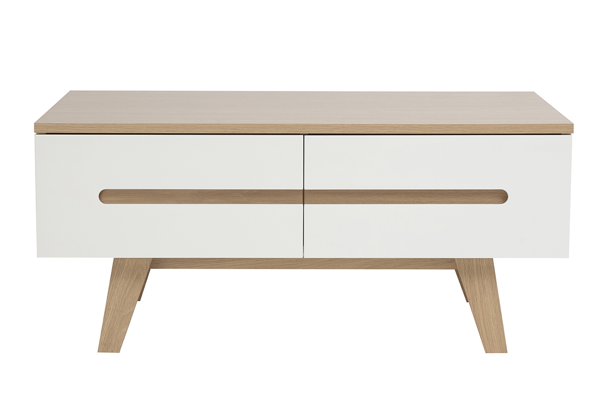 Table basse blanche laqu�e brillante et finition bois clair 4 tiroirs L100 cm MELKA